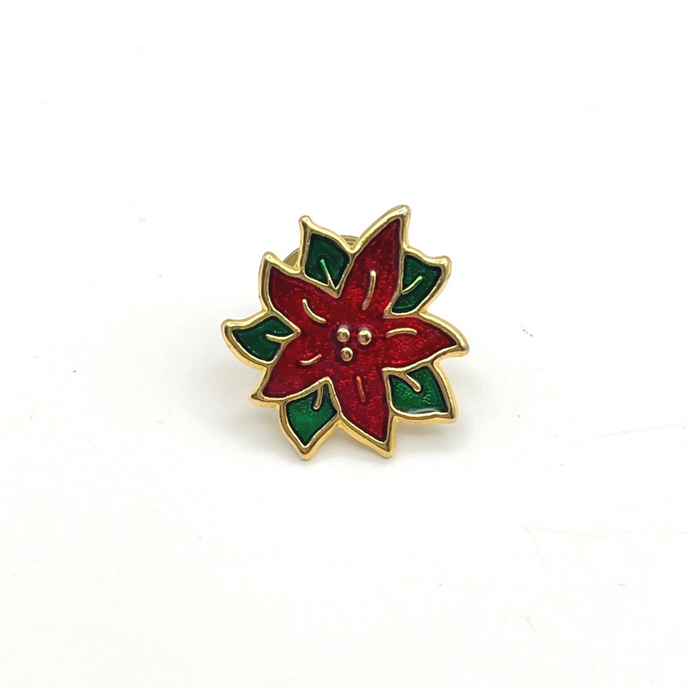 Vintage Christmas Poinsettia Lapel Pin Gold Tone Red Green Enamel Holiday Flower